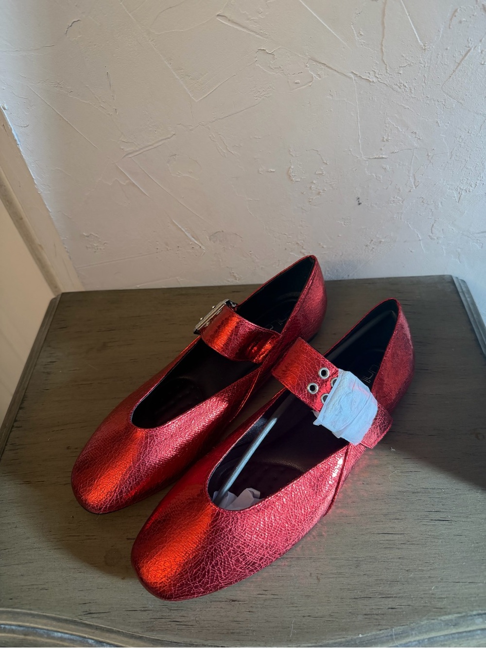 Women's Metallic Red Mary Jane Flats with Buckle Strap